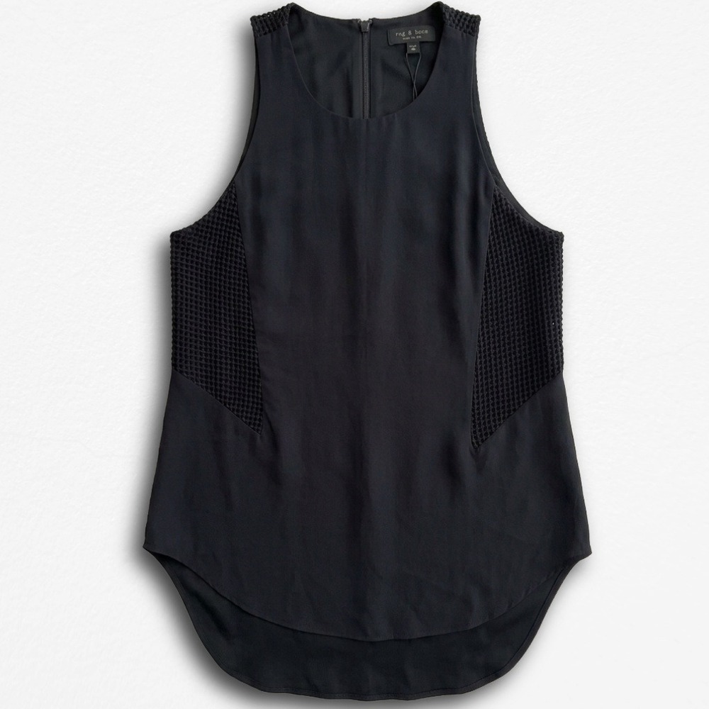 Rag&Bone Black Sleeveless Mesh Panel Silk Blend Top Small High Low Hem Zip Back